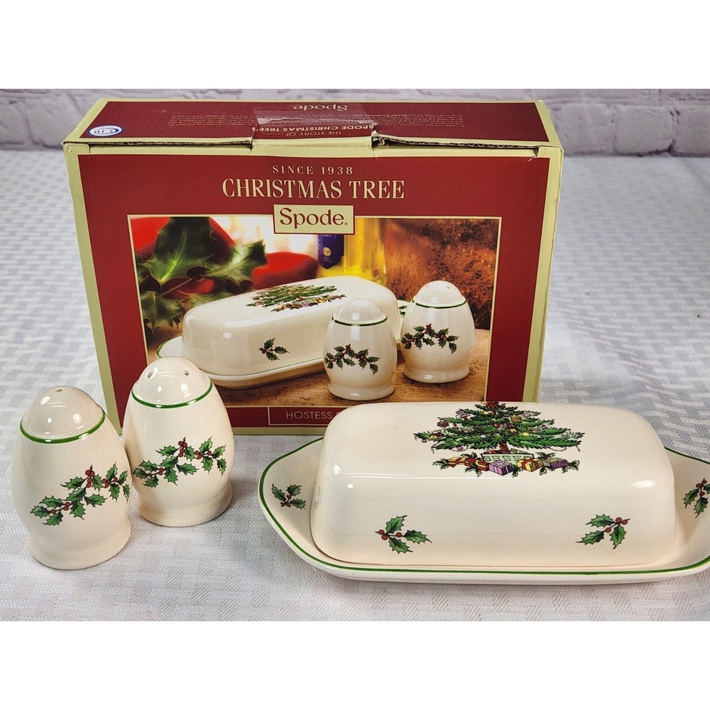 NEW Spode Christmas Tree 3-Piece Hostess Set, Butter Dish 3" Salt Pepper Shakers